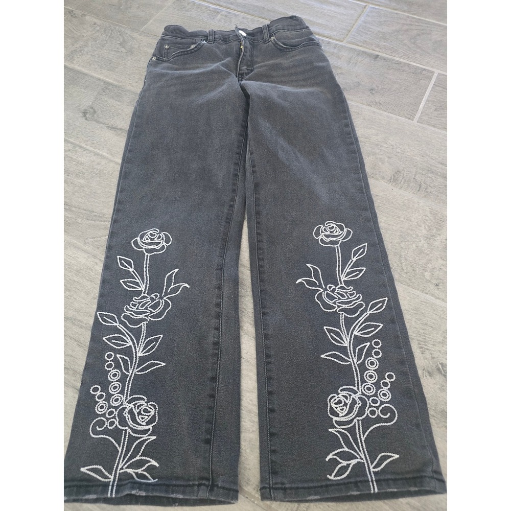 Levis Kids Wide Leg Jeans Washed Black Rose Floral Embroidered Size 12